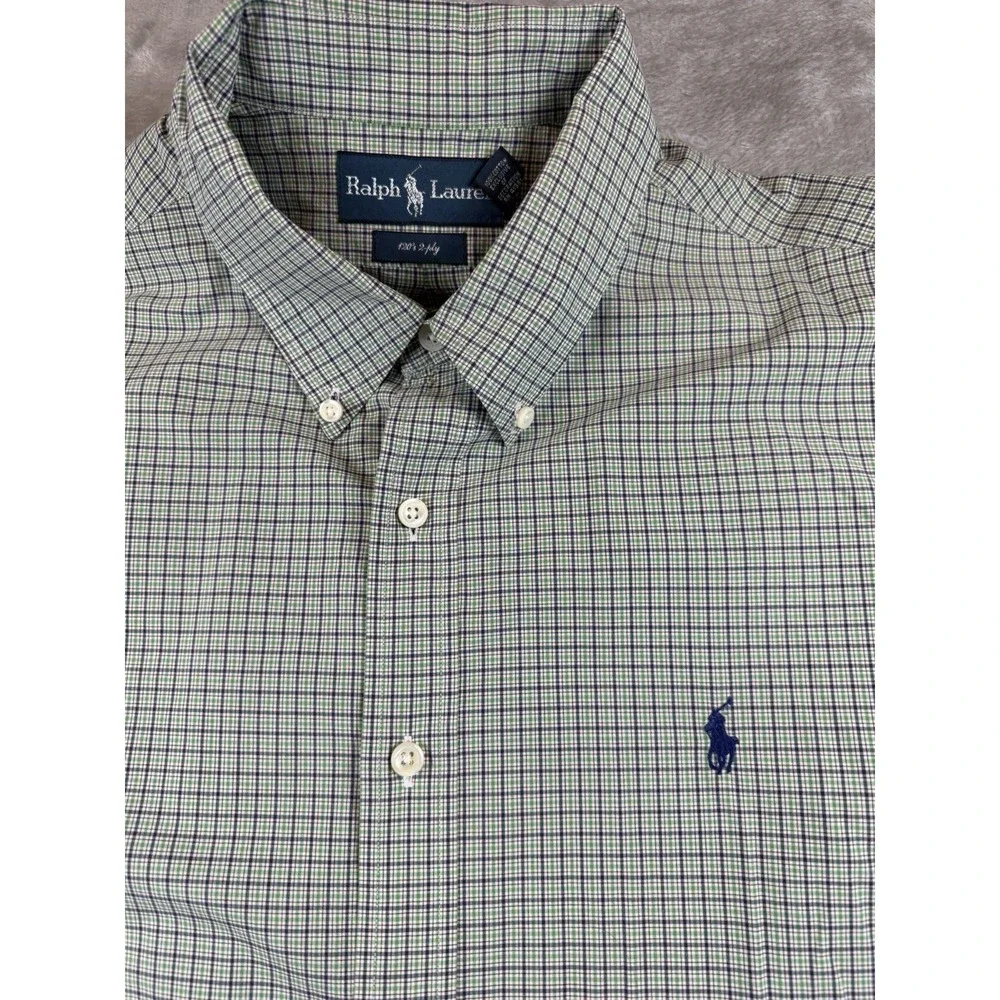 Ralph Lauren Shirt Mens‎ XL Long Sleeve Green Blue Check Plaid 120's 2-ply